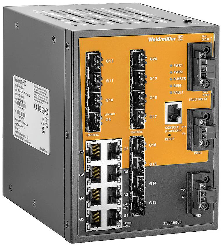 Industrieswitch mit orange-schwarzem Gehäuse, mehreren Ethernet- und Glasfaseranschlüssen. LEDs zeigen den Netzwerkstatus an.