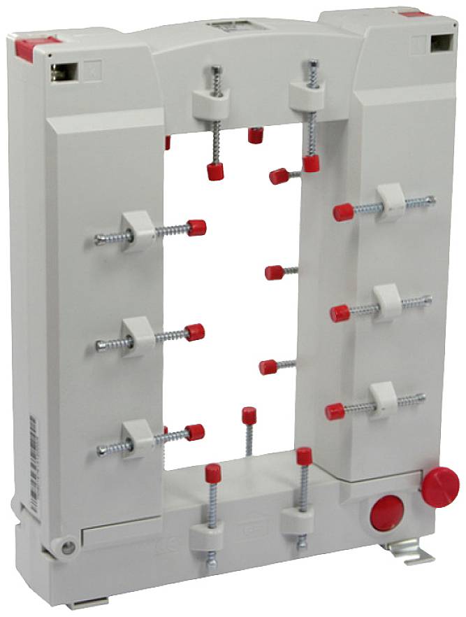 Ein rechteckiger Transformator mit mehreren Schraubenverbindungen und roten Kappen, geeignet für elektrische Anwendungen und Messgeräte.