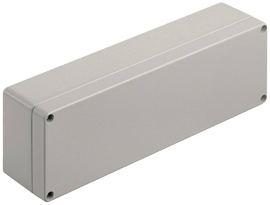 Rechteckiger, grauer Aluminiumkasten mit angebrachten Abdeckschrauben, geeignet für elektrotechnische Anwendungen.