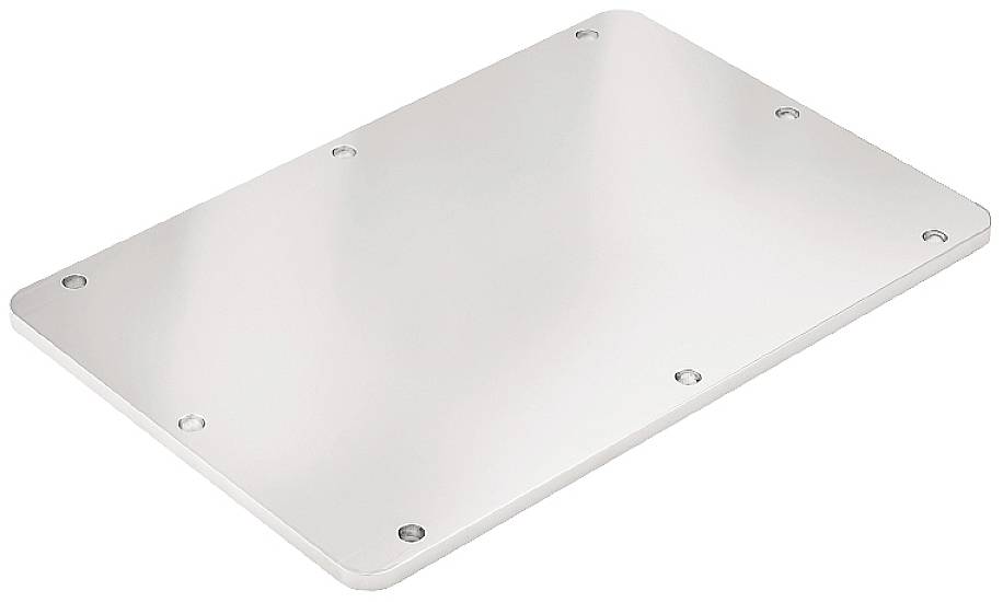 Rechteckige Abdeckplatte aus Metall mit acht Schraubenlöchern an den Kanten und in den Ecken.