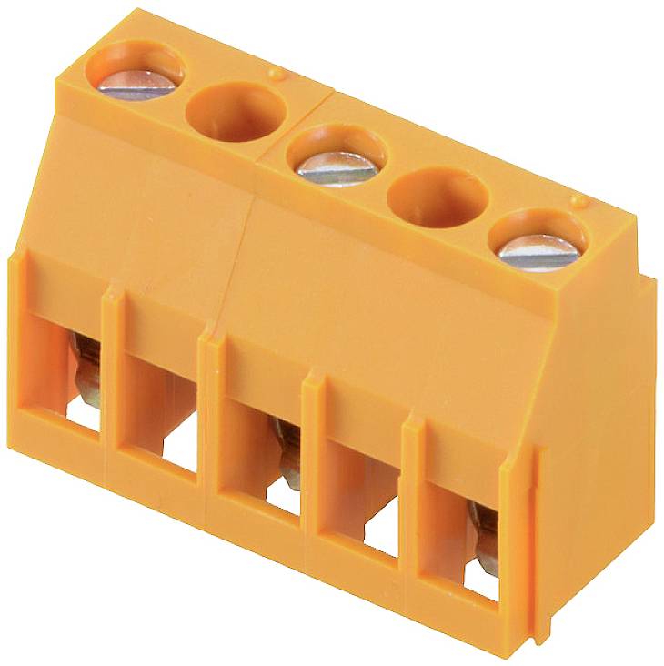 Orangefarbene elektrische Klemmenleiste mit vier Anschlusspunkten, ermöglicht sichere Kabelverbindungen in elektrischen Schaltungen.
