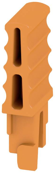 Ein orangefarbenes Kunststoffteil mit gerillter Oberfläche und zwei länglichen Öffnungen, möglicherweise ein Werkzeug- oder Maschinenbauteil.