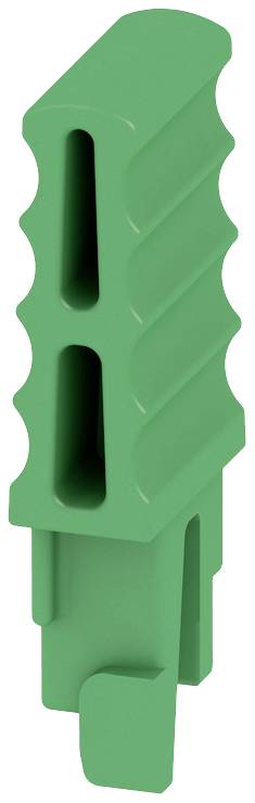 Ein grüner, plastischer Gegenstand mit mehreren Öffnungen und Rillen, möglicherweise ein Bauteil oder Griff für ein Gerät.