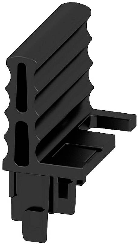 Schwarzes Kunststoffbauteil mit Rippenstruktur, rechtwinkligem Absatz und Befestigungsmechanismus unten. Wahrscheinlich Bauteil eines technischen Geräts.