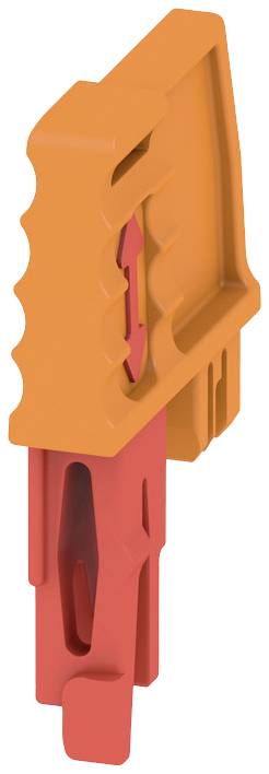 Eine orange und rote Kunststoff-Vorrichtung, möglicherweise ein Werkzeug oder ein Zubehörteil, mit einem detaillierten Griffdesign.