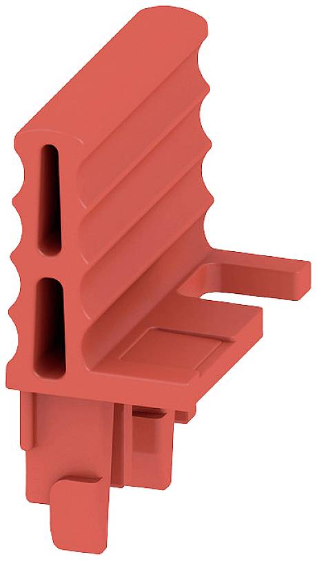 Ein rotes Kunststoffteil mit mehreren Rippen und Haken, möglicherweise ein technisches Bauteil oder ein Befestigungselement.