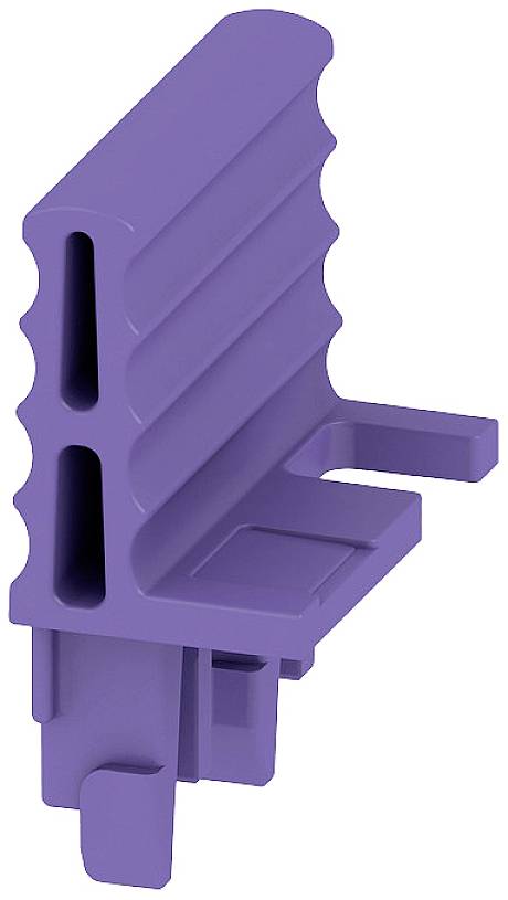 Ein lila Kunststoffbauteil mit gerillter Oberfläche und abgewinkelter Form, möglicherweise Teil eines modularen Systems.