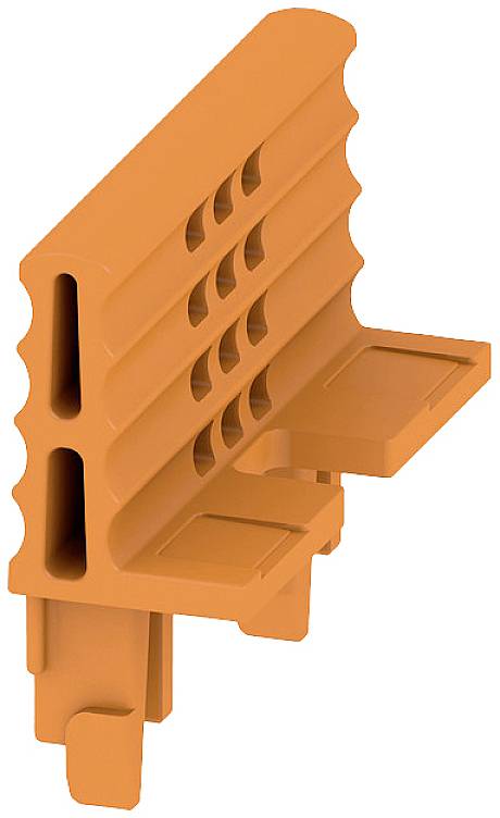 Plastikteil in Orange mit mehreren Schlitzen und einer flachen Ablagefläche, vermutlich ein Konstruktions- oder Montageelement.