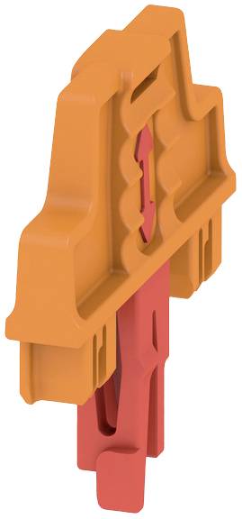 Ein orange-rotes Kunststoffteil in Form eines Werkzeugs oder Zubehörteils.