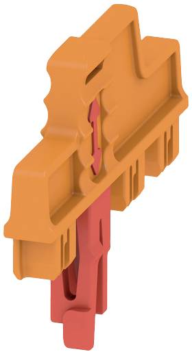 Orange und rotes Kunststoffbauteil, das wie ein Pfeil geformt aussieht, von der Seite betrachtet.