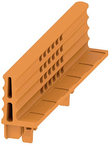 Ein orangefarbenes Kunststoffbauteil mit geschwungenen Kanten und rillenartigen Strukturen, möglicherweise für Bau- oder Montagezwecke.