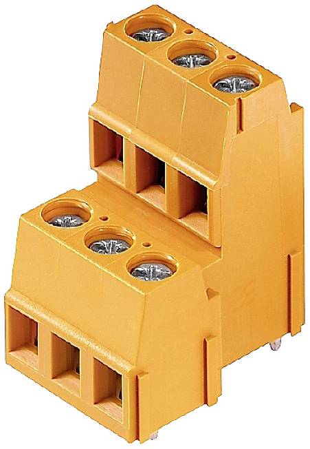 Oranger 5-poliger Steckerblock mit Vertiefungen für elektrische Verbindungen, steht auf einer transparenten Oberfläche.