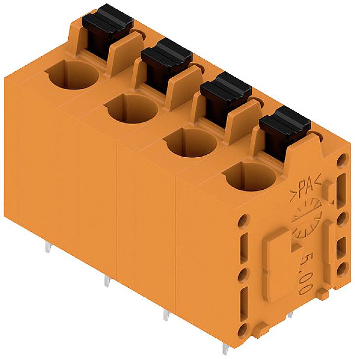 Oranger, vierpoliger Steckverbinder mit schwarzen Klemmen, geeignet für die Verbindung von elektronischen Komponenten.