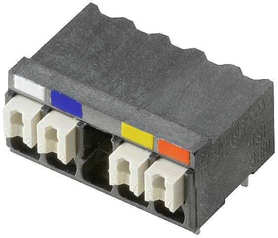 Eine elektrische Steckverbindung mit sechs Ports in zwei Reihen, farbcodiert mit Blau, Gelb und Rot, für spezifische Zuordnungen.
