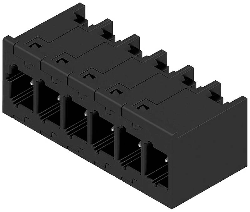 Schwarzes, sechsfältiges Modulgehäuse für rechteckige elektronische Steckverbinder, horizontal orientiert.