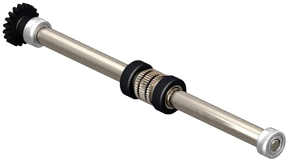 Ein Metallzahnradmechanismus mit mehreren Rädern und einem Stab in der Mitte, vermutlich Teil eines größeren mechanischen Systems.