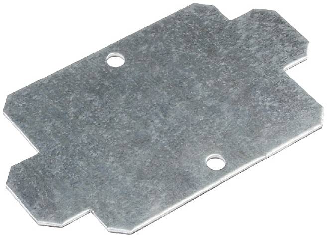 Eine flache, rechteckige Metallplatte mit zwei runden Löchern in der Mitte. Die Ecken der Platte sind abgeschrägt.