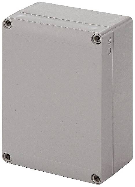 Graues, rechteckiges Anschlussgehäuse mit vier sichtbaren Schrauben an den Ecken, geeignet für den Schutz elektrischer Geräte.