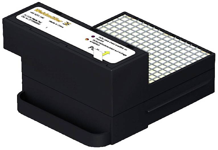 Ein tragbares Gerät zur Kontrolle der Luftqualität mit digitalen Anzeigen und Anweisungen auf der Oberseite.