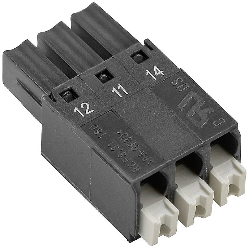 Schwarzer dreipoliger Stecker mit Nummern 12, 11 und 14 auf der Oberseite. Kontakte sichtbar am unteren Ende.