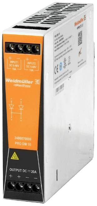 Das Bild zeigt ein elektronisches Gerät von Weidmüller, ein DC-Stromversorger, mit Eingängen von 18A und Ausgängen von 20A.