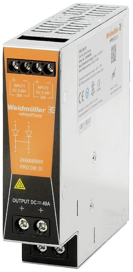 Weidmüller Gleichstromwandler, Modell PRO DM 20. Bietet Doppel-Eingänge (5-84V DC) und einen Ausgang von 40A DC.