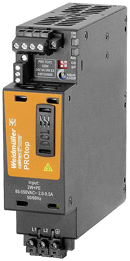 Ein Weidmüller Netzteil PROtop mit oranger Vorderseite und schwarzem Gehäuse, geeignet für 120W und 85-550VAC Eingangsspannung.