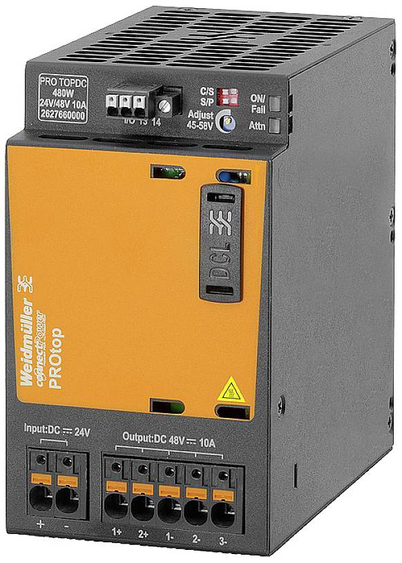 Netzteilgerät mit orangem Gehäuse. Aufschrift: 'Weidmüller', Modelleingaben, mehrere Anschlussklemmen unten, LEDs und Tasten oben.