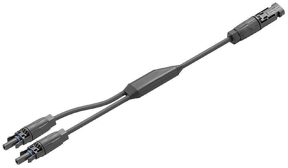 Ein Y-Solarkabel mit einem Stecker und zwei Buchsen, verwendet zur Verbindung von Solarmodulen in Parallel- oder Reihenschaltung.