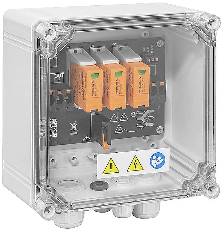 Ein weißer, transparenter Sicherungskasten mit drei orangefarbenen Sicherungen. Warnsymbole für elektrischen Schock und Vorsicht.