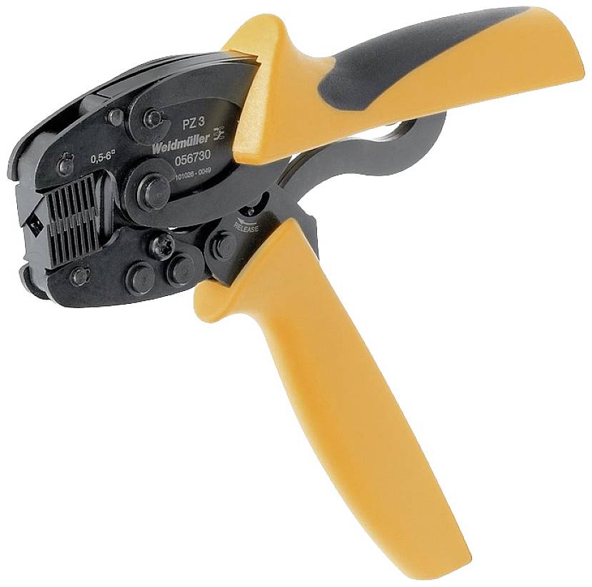 Handcrimpwerkzeug mit orange-schwarzem Griff, verwendet zum Abisolieren und Crimpen von Kabeln. Markiert mit 'Weidmüller PZ 3'.