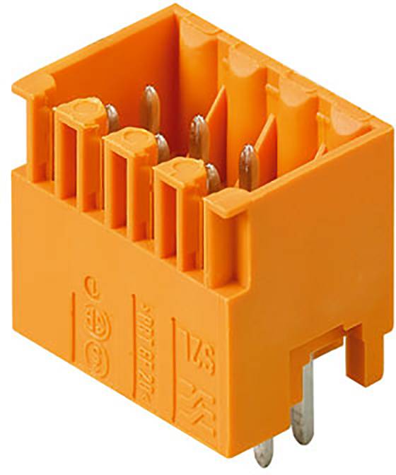 Oranger Steckverbinder mit sechs Metallstiften und markierten Seiten. Geeignet zum Verbinden von elektrischen Schaltungen.