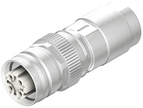 Metallstecker mit vier Pins, geeignet für elektrische Verbindungen. Er hat ein geriffeltes Gehäuse für besseren Halt beim Anschließen.