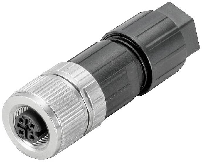 Ein schwarzer, zylindrischer Stecker mit metallischem Ring und mehreren Anschlusspunkten, vermutlich für elektronische Verbindungen.