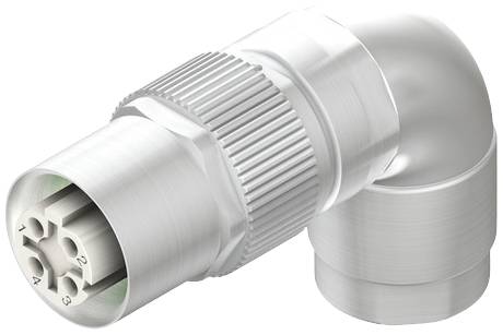 Metallischer Steckverbinder ohne Kabel, rechtwinklige Form mit gerändeltem Segment, vier gefärbte Kontaktpunkte sichtbar.