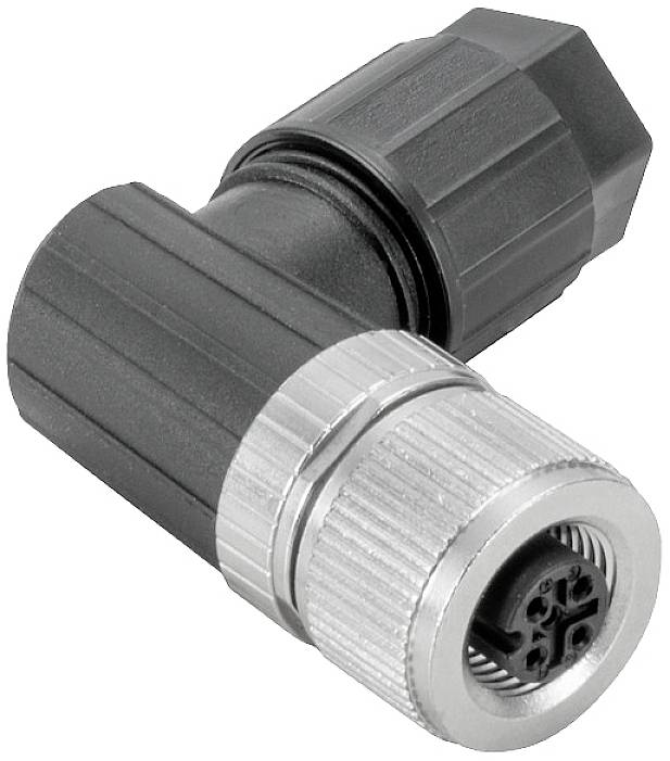 Ein schwarzer und silberner elektronischer Stecker in L-Form mit gerippter Oberfläche, geeignet für industrielle Verbindungen.