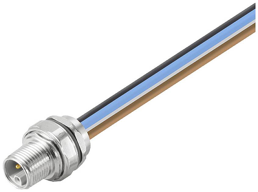 Ein Metallstecker mit einem Anschlusskabel in Schwarz, Blau und Braun.