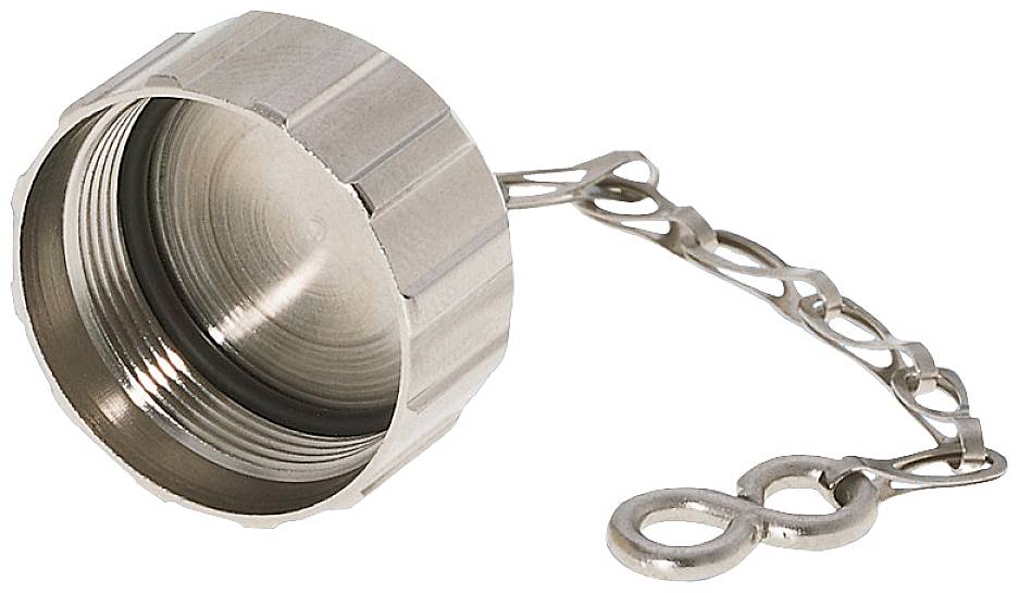 Metallkappe mit Kettenschlaufe, geeignet für das Abdecken von Gewinden, vorrangig in industriellen Anwendungen verwendet.