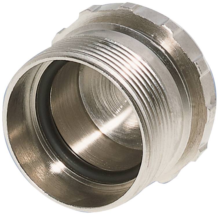 Metallischer Adapter mit Gewinde, zylindrischer Form und schwarzer Dichtung, geeignet für Rohrverbindungen.