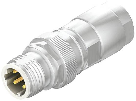Ein metallischer Rundstecker mit mehreren Stiften, geeignet für industrielle Anwendungen, zeigt robuste Bauweise.