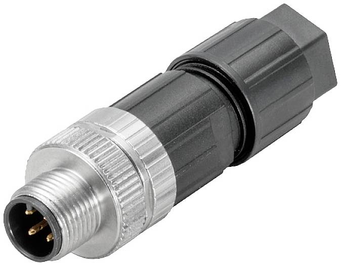 Schwarzer Schraubstecker mit Metallgewinde und drei sichtbaren Metallpins, geeignet für industrielle elektronische Anwendungen.