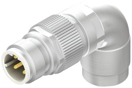 Metallischer gewinkelter Stecker mit mehreren goldenen Kontakten, geeignet für industrielle Verkabelung und Verbindungen.