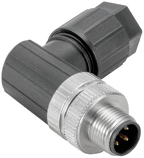 Industrieller Winkelstecker mit Metallgewinde und Kunststoffgehäuse, verwendet für elektrische Verbindungen in Maschinen.