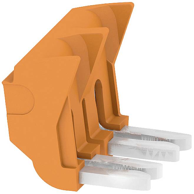 Drei orange und durchsichtige Kunststoffklemmen, die in einer Reihe nebeneinander stehen. Sie dienen als Verbindungselemente für Drähte.