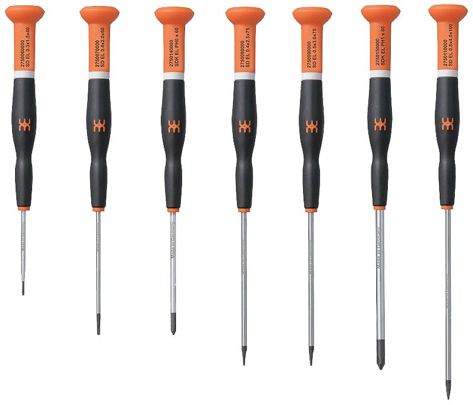 Sieben Präzisionsschraubendreher mit orangenen Griffen in einer Reihe, unterschiedliche Größen und Spitzen. Geeignet für feine Arbeiten.