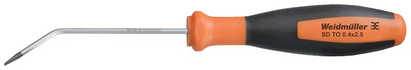 Schraubendreher von Weidmüller mit orangem und schwarzem Griff, Modell SD T0 0.4x2.5, zeigt einen gekrümmten Schraubenkopf.