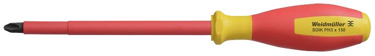 Ein isolierter Schraubendreher in Rot und Gelb mit markierter Spitze, geeignet für Arbeiten an elektrischen Geräten.
