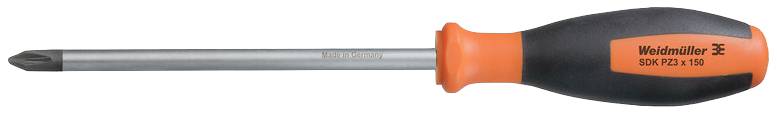 Ein Schraubendreher mit ergonomischem Griff, orange und schwarz, von der Marke 'Weidmüller'. Der Schraubendreher hat eine Kreuzschlitzspitze.