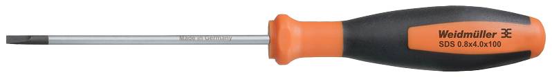 Schlitzschraubendreher mit orange-schwarzem Griff und der Aufschrift 'Weidmüller SDS 0.4x2.0x100'.