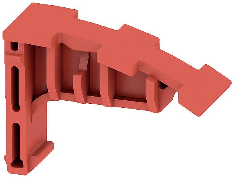 Ein rotes, L-förmiges Kunststoffteil mit mehreren Einkerbungen und Platten. Es scheint ein technisches oder mechanisches Bauteil zu sein.